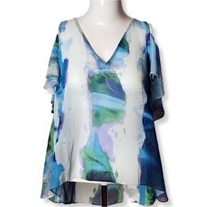 Aqua Bloomingdale's Cold Shoulder Blouse Sheer High Low Blue Green Womens M